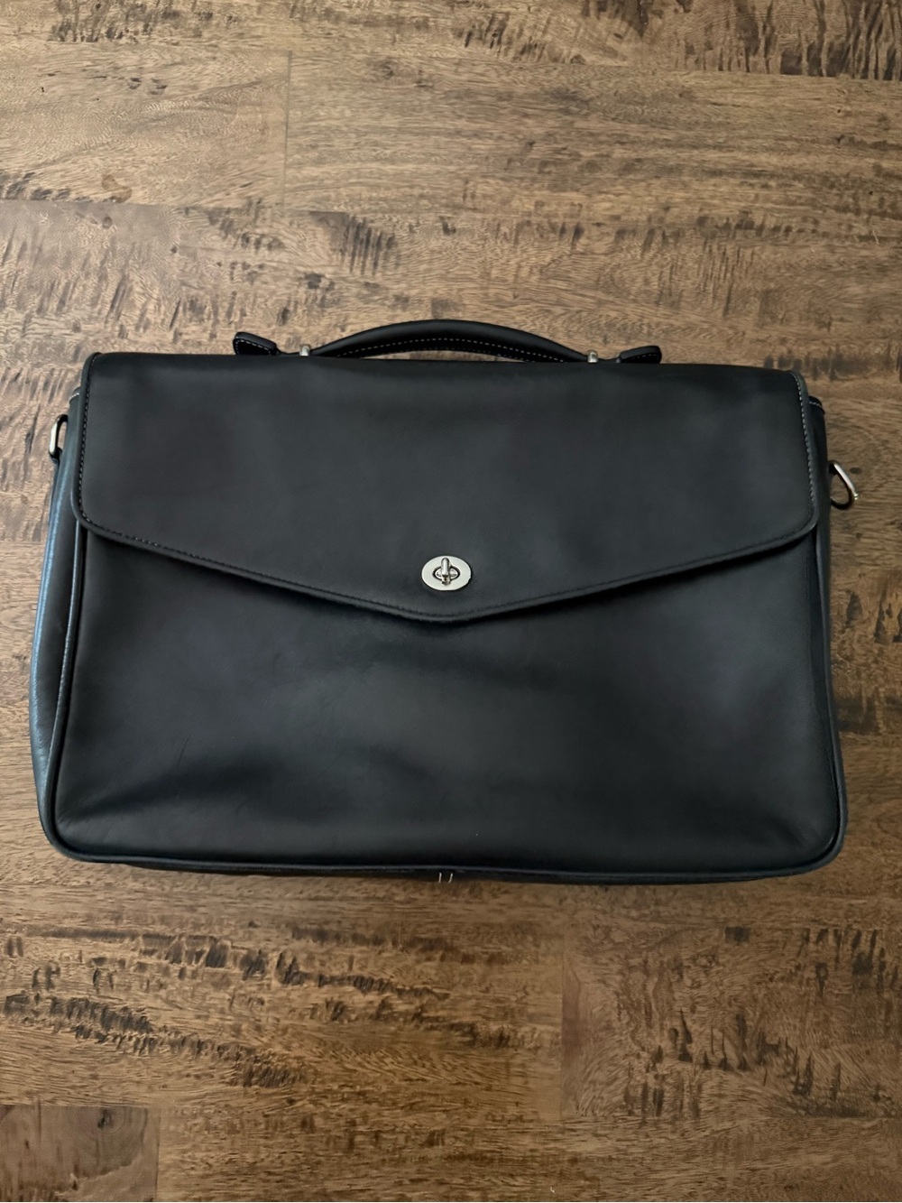 Vintage Coach Black Leather Briefcase with Chrome Hardware